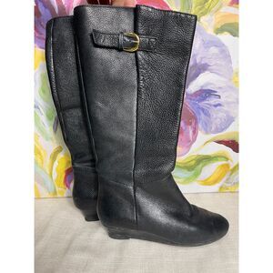 Steven New York Intyce Tall Riding Black Leather Wedge Boots 7.5M